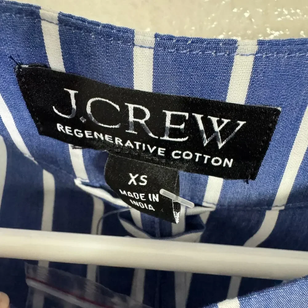 J.Crew Ciel Top WMNS XS Deep Sea Stripe Poplin Waist Tie Side Button Long Sleeve